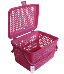 Heart Home Plastic Multipurpose Trendy Shopping Small Basket with Lid (Pink)-HEART11091