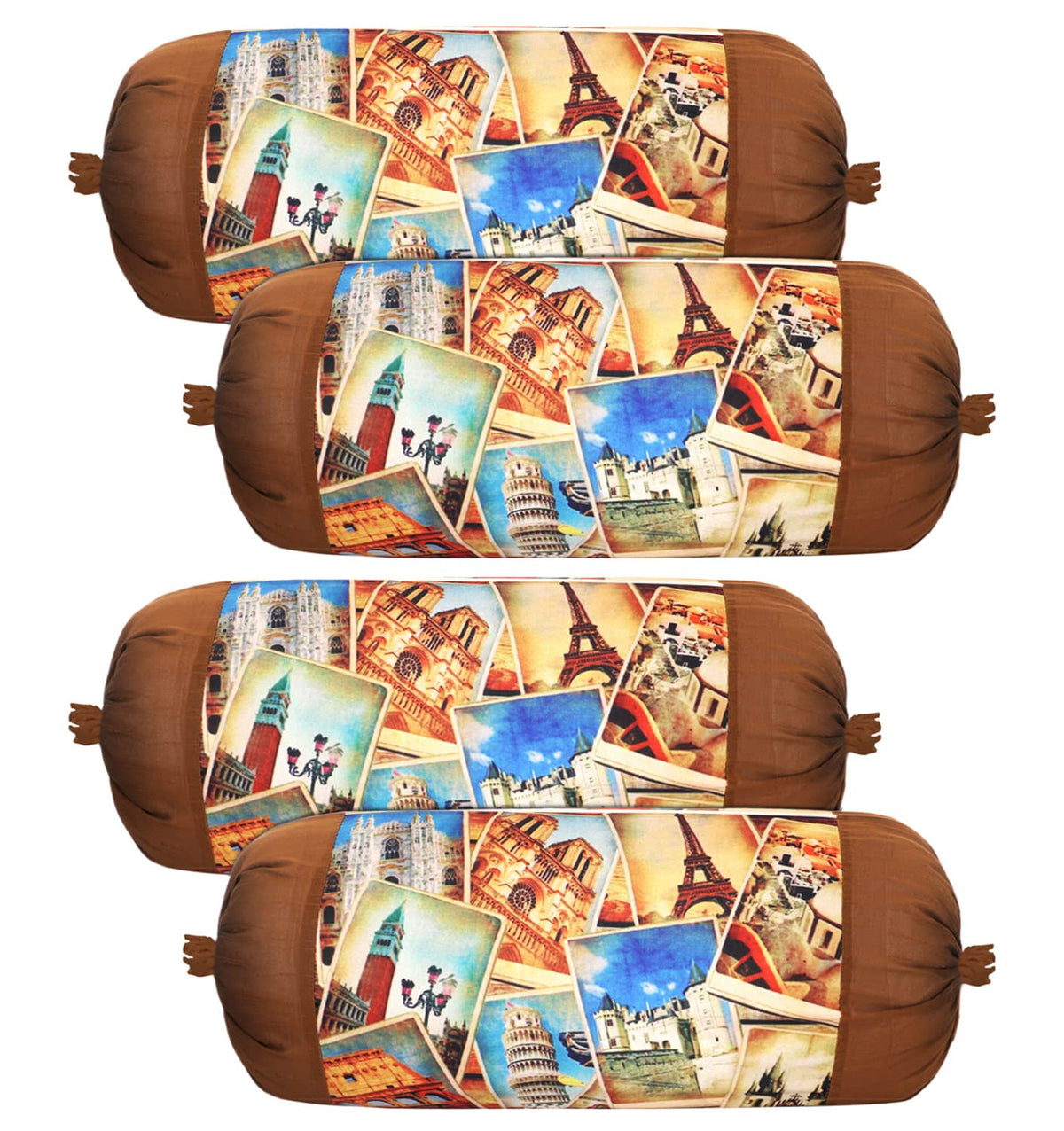 Kuber Industries Bolster Cover|Polyester Bolster Cover Set|Diwan Round Bolster Pillow Covers|Luxurious Tourist Places Print Roll Masand Cover|Pack of 4 (Cream)