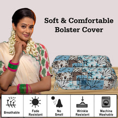 Kuber Industries Bolster Covers | Soft Cotton Bolster Cover Set | Diwan Round Bolster Pillow Covers | Flower-Check Print Roll Masand Cover | 16x32 Inch | Pack of 4 | Blue
