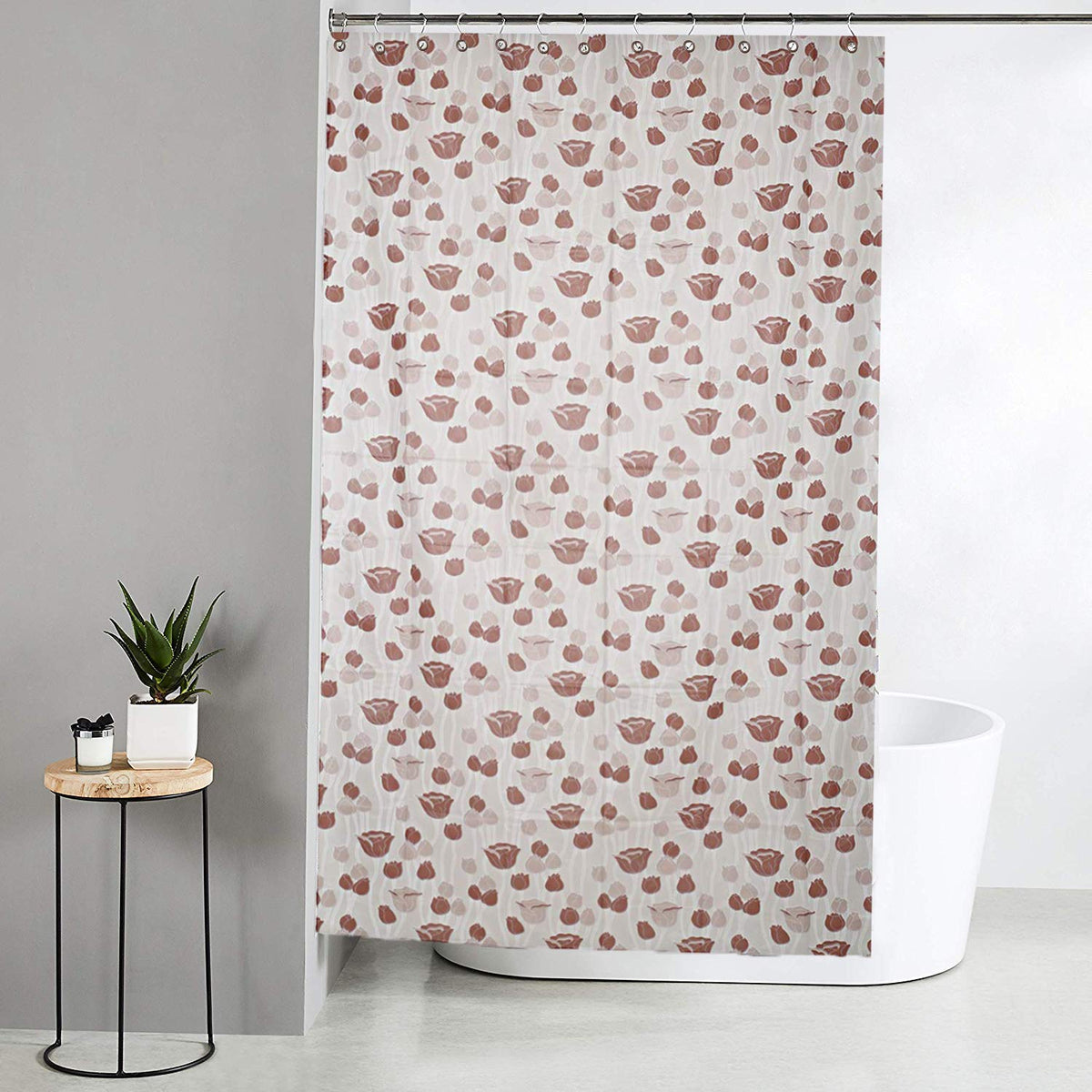 Kuber Industries Flower Design Waterproof PVC Floral Shower Curtain with 8 Hooks (CTKTC33758, Brown, 54 x 84 inch)