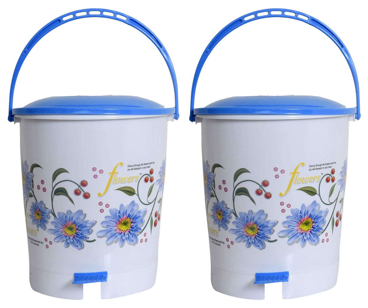 Kuber Industries Flower Print Plastic 3 Pieces Garbage Waste Dustbin/Recycling Bin for Home, Office, Factory with Lid, 10 Liters (Blue)-KUBMART10950