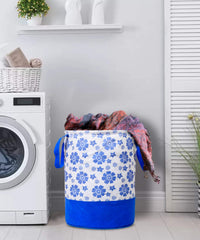 Kuber Industries Flower Print Round Non Woven Fabric Foldable Laundry Organiser With Handles,45 Ltr (Blue)-KUBMART11609