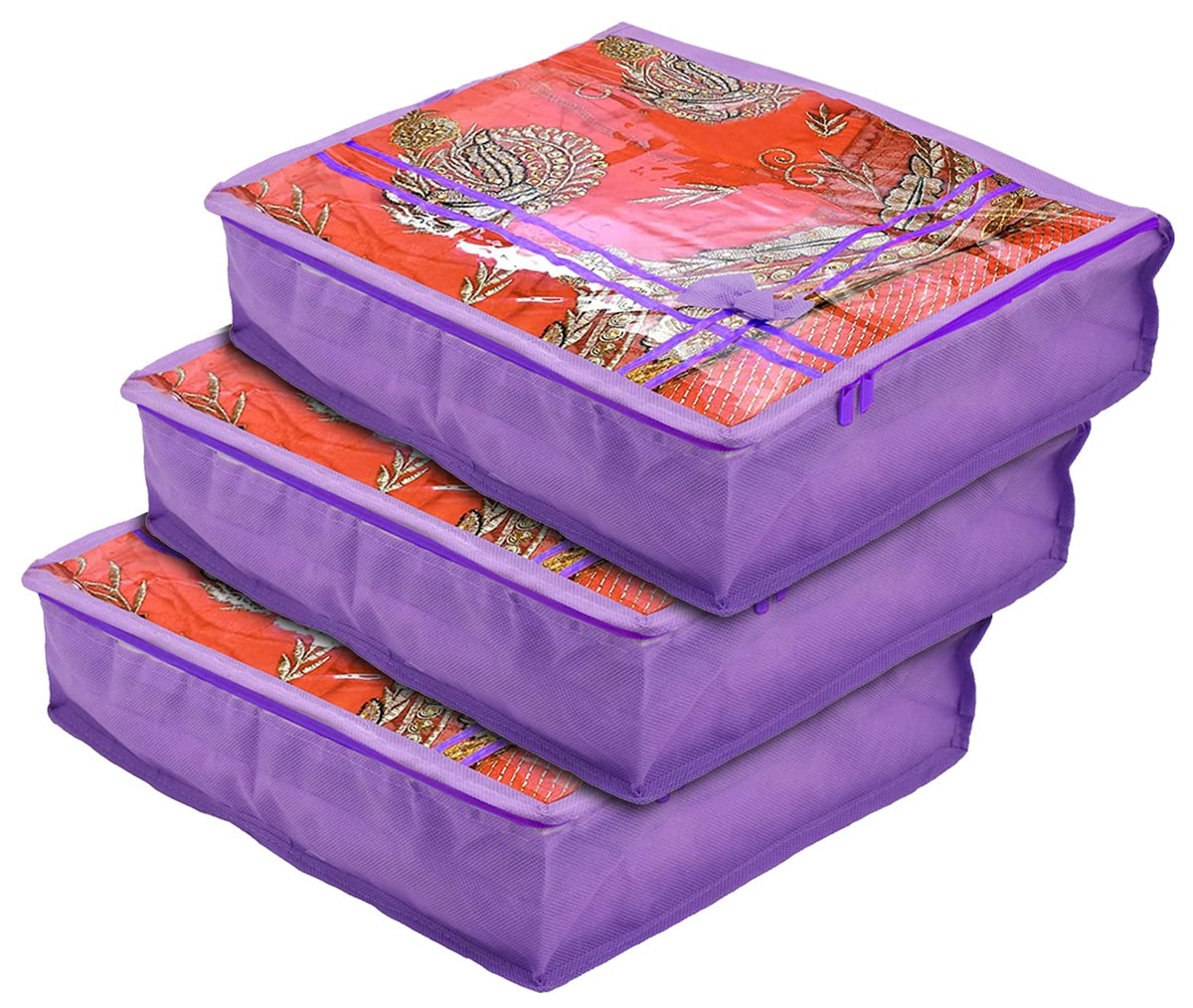 Heart Home Non-Woven Foldable Single Saree Cover, Wardrobe Organiser With Tranasparent Top- Pack of 3 (Purple)-44HH0336