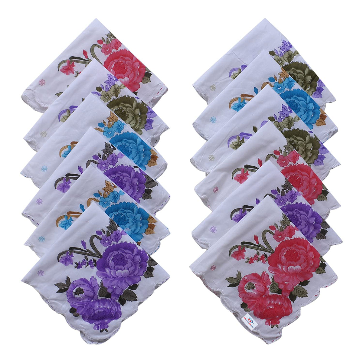Heart Home Handkerchiefs|Multicolor Rose Print Cutwork Soft Cotton Hankies for Woman,Girls & Wicking Sweat from Hands,Face,Set of 12 (White)