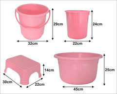 Kuber Industries 4 Pieces Plastic Bucket, Stool, Dustbin & Tub Set (Pink)