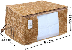 Kuber Industries Metalic Printed 12 Piece Non Woven Underbed Storage Bag, Storage Organiser, Blanket Cover with Transparent Window, Extra Large, Beige - CTKTC034471