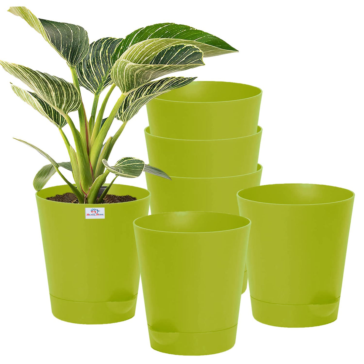 Heart Home Plastic Titan Pot|Garden Container for Plants & Flowers|Self-Watering Pot with Drainage Holes,6 Inch,Pack of 6 (Green)