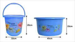 Kuber Industries Printed 2 Pieces Plastic Bucket & Tub Set (Blue)