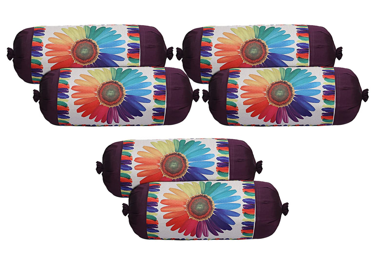 Kuber Industries Bolster Cover|Polyester Bolster Cover Set|Diwan Round Bolster Pillow Covers|Luxurious Sun Flower Print Roll Masand Cover|Pack of 6 (Cream)