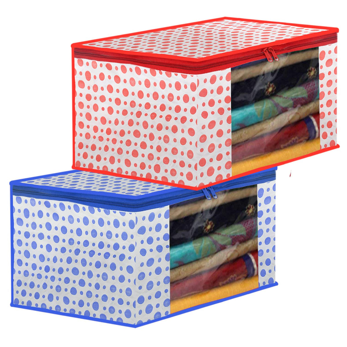 Heart Home Dot Printed Foldable, Lightweight Non-Woven Saree Cover/Organizer With Tranasparent Window- Pack of 2 (Blue & Pink)-46HH0505