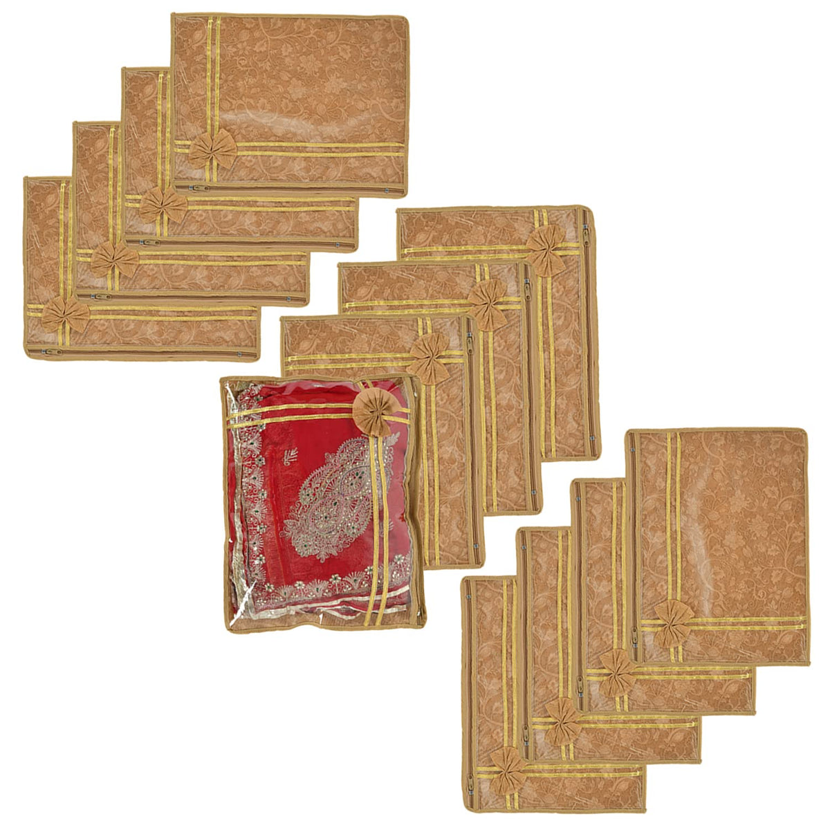 Kuber Industries Flower Printed Non-Woven Single Saree Cover With Tranasparent Top- Pack of 12 (Brown)-50KM01327