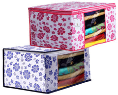 Kuber Industries Flower Design 2 Piece Non Woven Fabric Saree Cover Set with Transparent Window, Extra Large, Pink & Blue -CTKTC040764