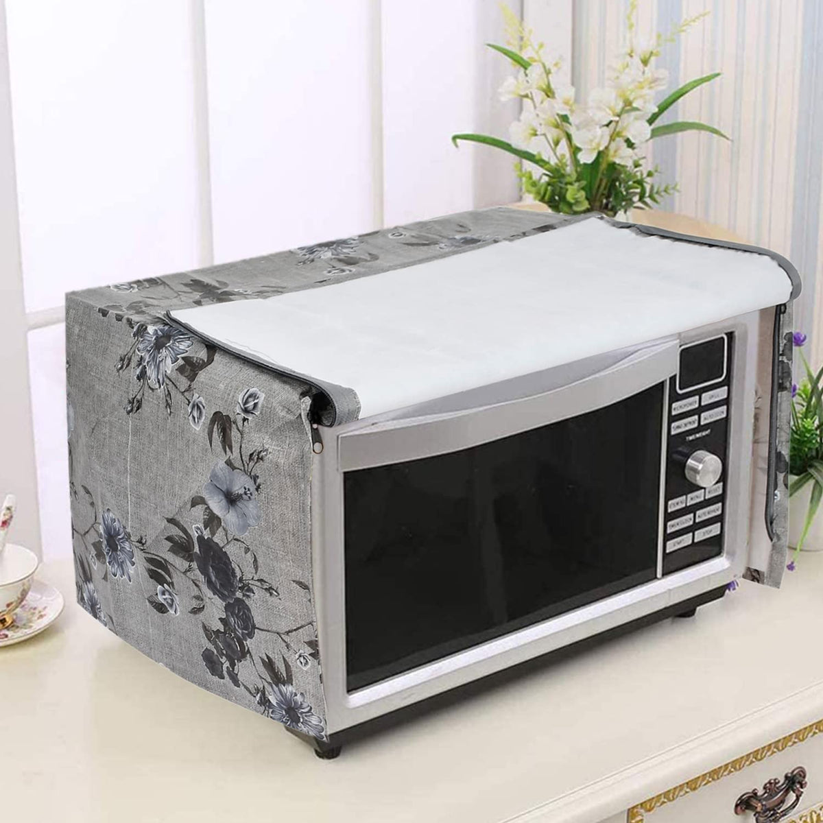 Heart Home PVC Flower Printed Microwave Oven Cover,25 LTR. (Grey)-50HH01262