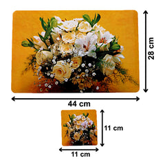 Kuber Industries Flower Printed PVC Stain Resistant, Anti-Skid, Waterproof 6 Pcs Placemats with 6 Pcs Tea Coasters Set for Dining Kitchen Restaurant Table, Set of 12 (Yellow, Polyvinyl Chloride)