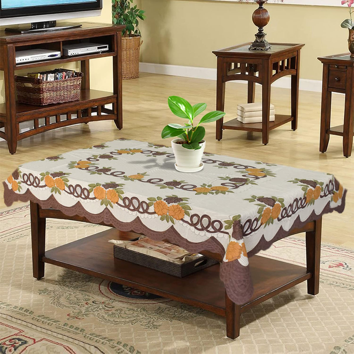 Kuber Industries Flower Printed Cotton 4 Seater Center Table Cover,40"x60" (Cream & Brown)-44KM091 Pack of 1