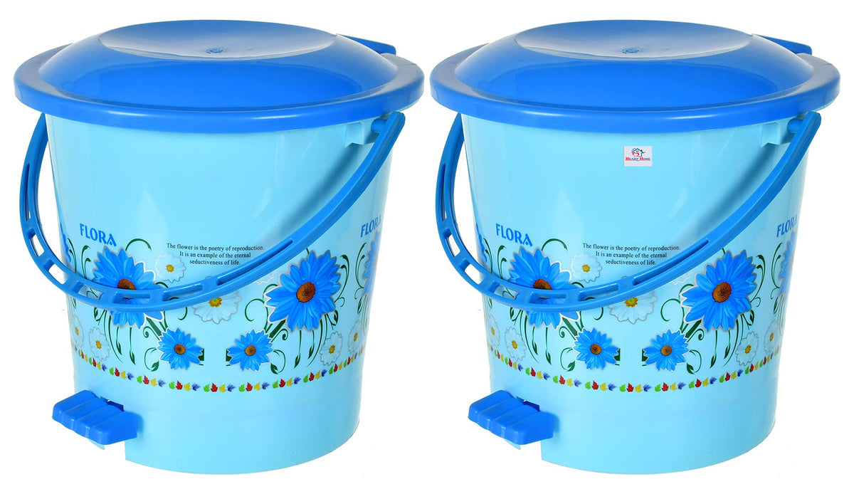 Heart Home Flower Printed Plastic Pedal Dustbin With Lid & Handle For Home/Kitchen/Office, 5 Ltr (Blue)- Pack of 2