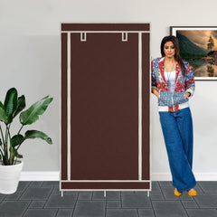 Heart Home Wardrobe for Clothes|Non Woven 2 Door Portable Clothes Rack|8 Shelf Foldable Almirah for Clothes|Brown