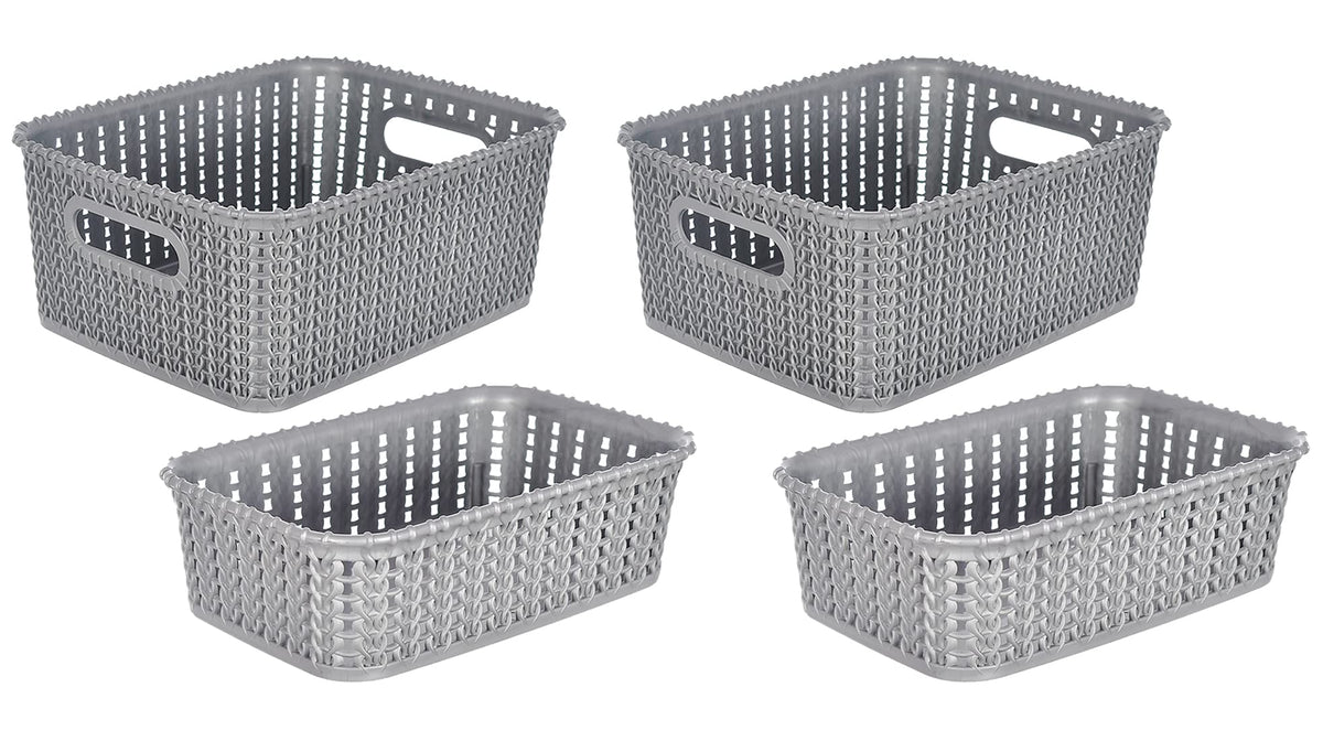 Heart Home Multiuses Large & Small Size M 20-15 Plastic Basket/Organizer Without Lid- Pack of 4 (Grey) -46HH0139