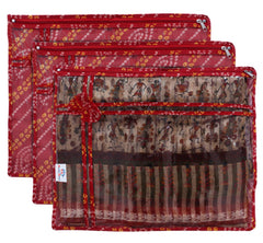 Heart Home Bandhani Print PVC Foldable Single Saree Cover|Clothes Storage For Saree, Lehenga, Suit With Transparent Pack of 3 (Red)