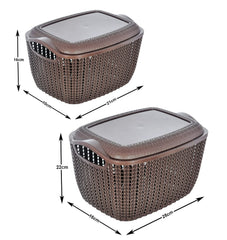 Heart Home Multiuses Large & Small M 30-25 Plastic Basket/Organizer with Lid- Set of 2 (Brown) -46KHH053, Standard