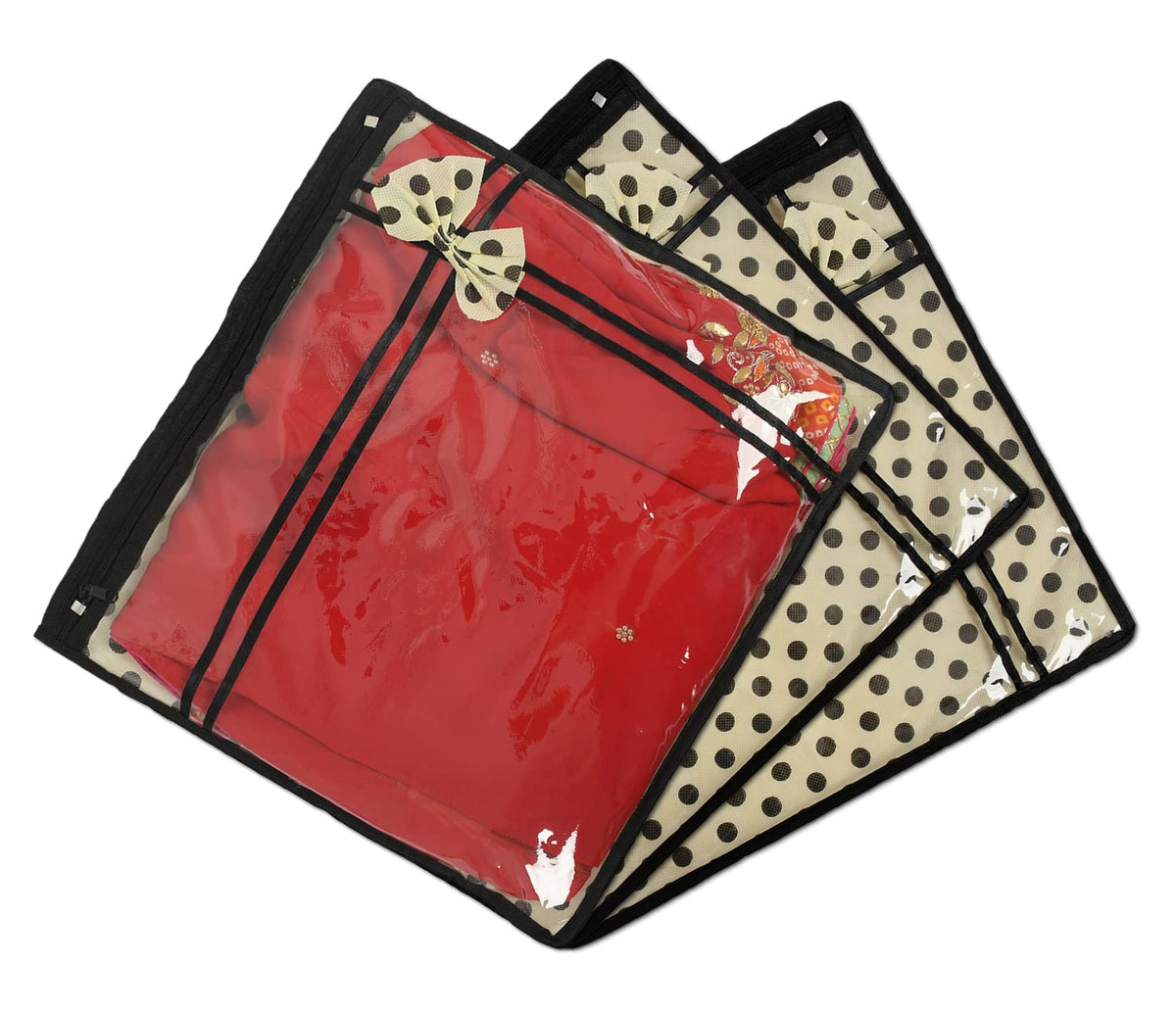 Kuber Industries Dot Print Non-Woven Single Saree cover For Store Saree, Lehenga, Suit With Transparent Top,Pack of 3 (Cream) 54KM4150