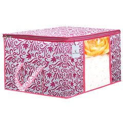 Kuber Industries Leaf Design Non Woven 6 Pieces Saree Cover and 6 Pieces Underbed Storage Bag, Cloth Organizer for Storage, Blanket Cover Combo Set (Pink) -CTKTC038666
