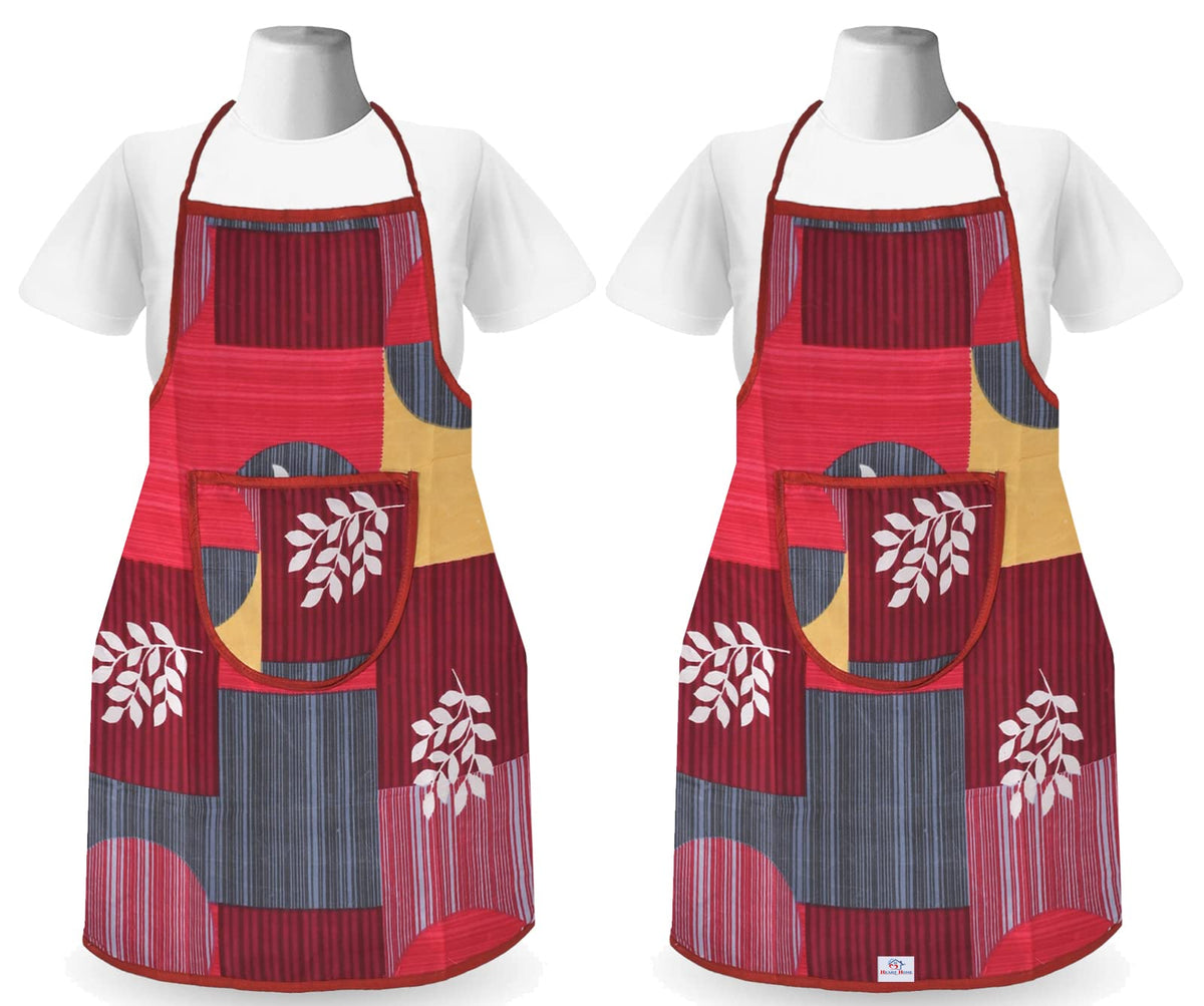 Heart Home Leaf Printed Oil Stain Resistant Cooking Kitchen Apron for Men Women with 1 Front Pocket, Pack of 2 (Pink)