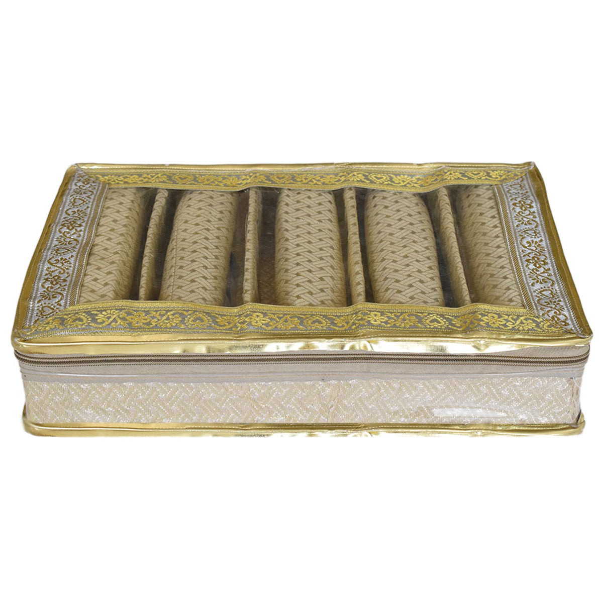 Kuber Industries Multipurpose Weave Design Laminated 5 Rod Bangle Box/Organizer/Case With Tranasparent Top (Gold)-47KM0401