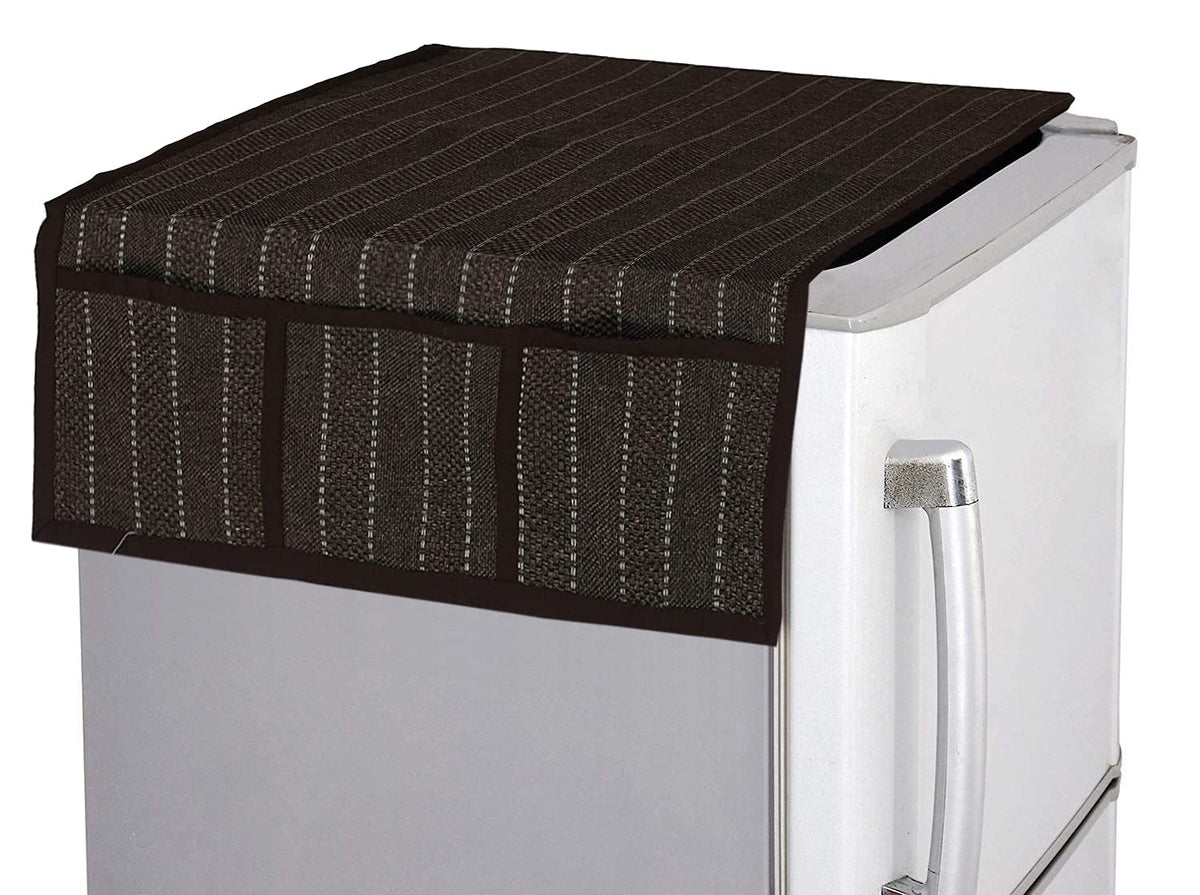 Kuber Industries Lining Design Jute Fridge Top Cover, Protect for Scratches, Wear & Tear and Dust with 6 Utility Side Pockets (Brown)-HS_38_KUBMART21051, Standard