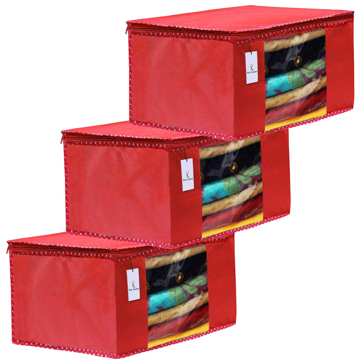 Kuber Industries 3 Piece Non Woven Fabric Saree Cover Set with Transparent Window, Extra Large, Red-CTKTC31880