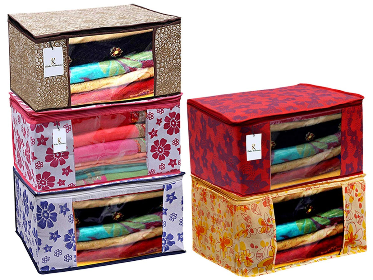 Kuber Industries Flower & Leaf Printed 5 Piece Non Woven Fabric Saree Cover Set with Transparent Window, Extra Large, Pink & Blue & Ivory Red & Golden Brown & Red -CTKTC40850