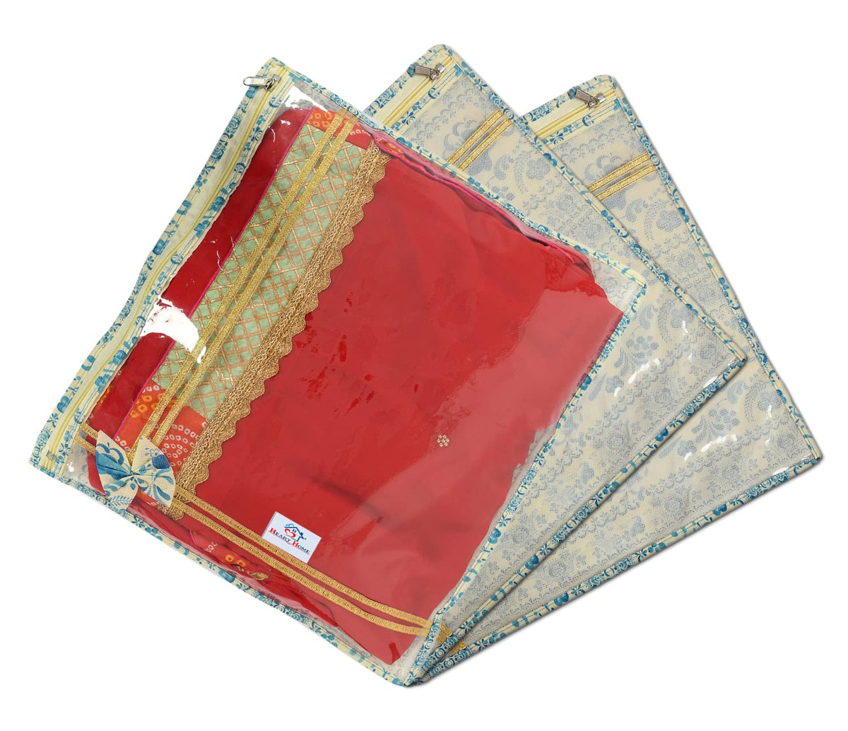 Heart Home Floral Print Non-Woven Single Saree cover For Store Saree, Lehenga, Suit With Transparent Top,Pack of 3 (Blue) 54HH4154.