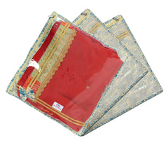 Heart Home Floral Print Non-Woven Single Saree cover For Store Saree, Lehenga, Suit With Transparent Top,Pack of 3 (Blue) 54HH4154.