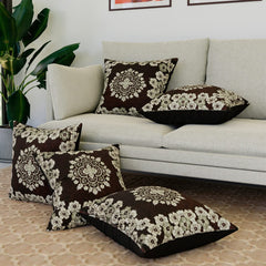 Kuber Industries Cushion Cover | Sofa Cushion Covers | Embossed Square Cushion Covers | Jute Cushion Covers | Flower Print Couch Cushion Covers | Set of 5 | 16 Inch | Brown