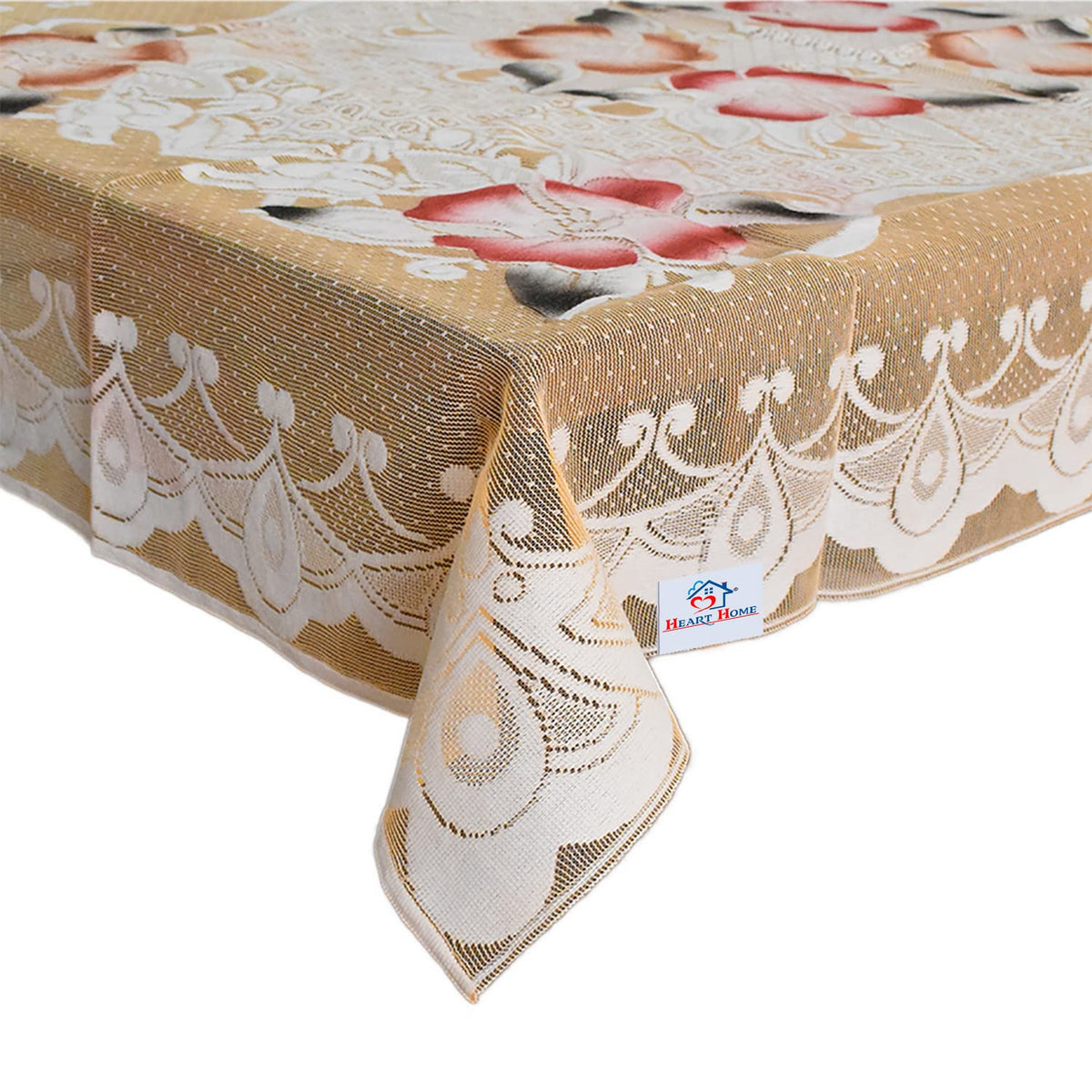 Heart Home Flower Printed Home Decorative Luxurious 4 Seater Cotton Center Table Cover/Table Cloth, 40"x60" (Cream)-44HH090