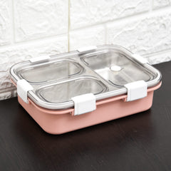 Kuber Industries Lunch Box | Stainless Steel 3 Compartments Lunch Box | Students Lunch Box | Office Lunch Box | Chopstick & Spoon | Leak-Proof Lunch Box | SUS304 | Pink