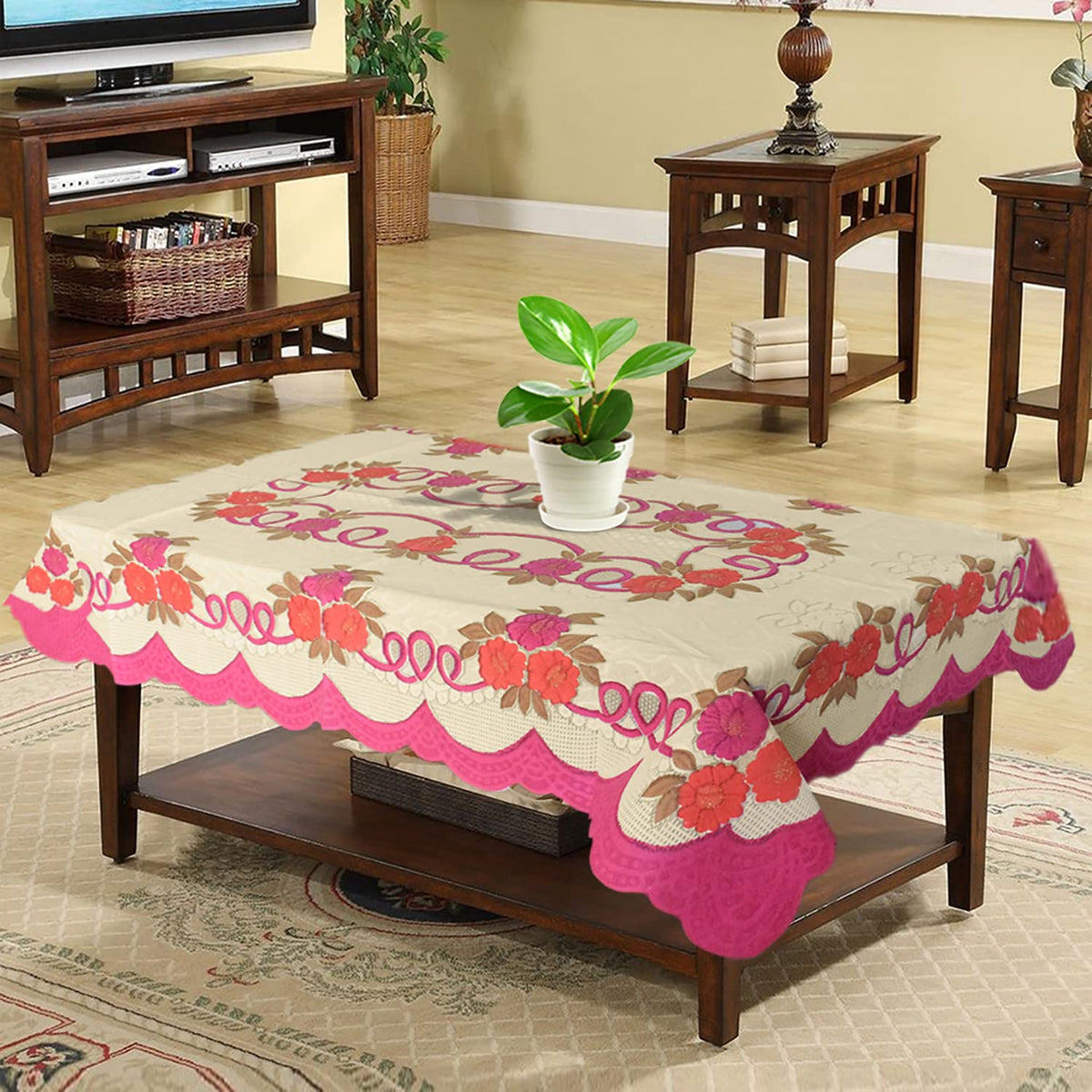 Heart Home Flower Printed Cotton 4 Seater Center Table Cover,40"x60" (Cream & Pink)-44HH037