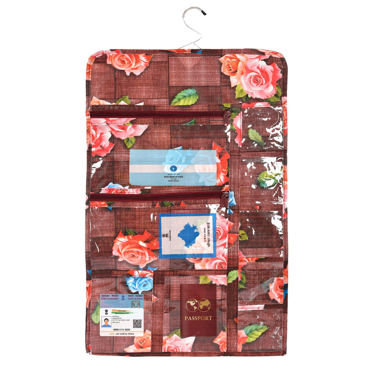 Kuber Industries Document Holder | PVC Flower Design Document Organizer | Double Sided Document Holder for Home | 7 Small Pocket with 3 Zipper | Maroon