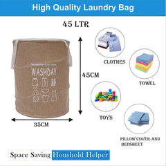 Heart Home Laundry Basket | Round Foldable Laundry Basket | Jute Storage Bag with Button Handles | Clothes Basket for Home | Toy Storage Basket | 45 LTR | Pack of 2 | Beige