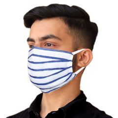 Kuber Industries Lining Print 100% Cotton 3-Layer Reusable Anti Pollution Mask (Pack of 3, White & Blue)- CTKTC46932