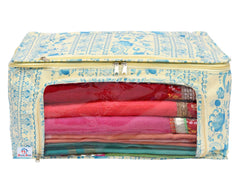 Heart Home Floral Print Non-Woven Saree cover With Large Pocket For Saree, Lehenga, Suit & Transparent Window, Pack of 3 (Blue) 54HH4172.