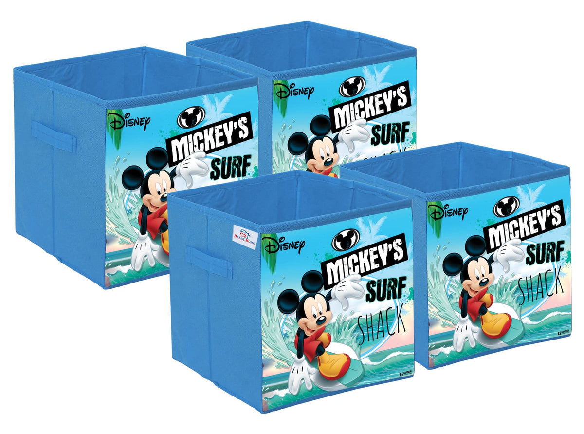 Heart Home Disney Mickey Surf Print Durable & Collapsible Square Storage Box|Clothes Organizer With Handle,Pack of 4 (Sky Blue)