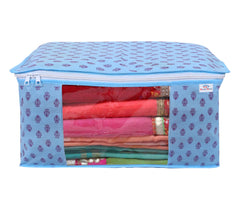 Heart Home Non-Woven Floral Print 3 Pieces Underbed Storage Bag & 3 Pieces Saree Cover With Transparent Window, Pack of 6 (Sky Blue)