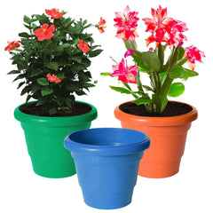 Heart Home Solid 2 Layered Plastic Flower Pot|Gamla for Home Decor,Nursery,Balcony,Garden,6"x5",Pack of 3 (Blue & Orange & Green)
