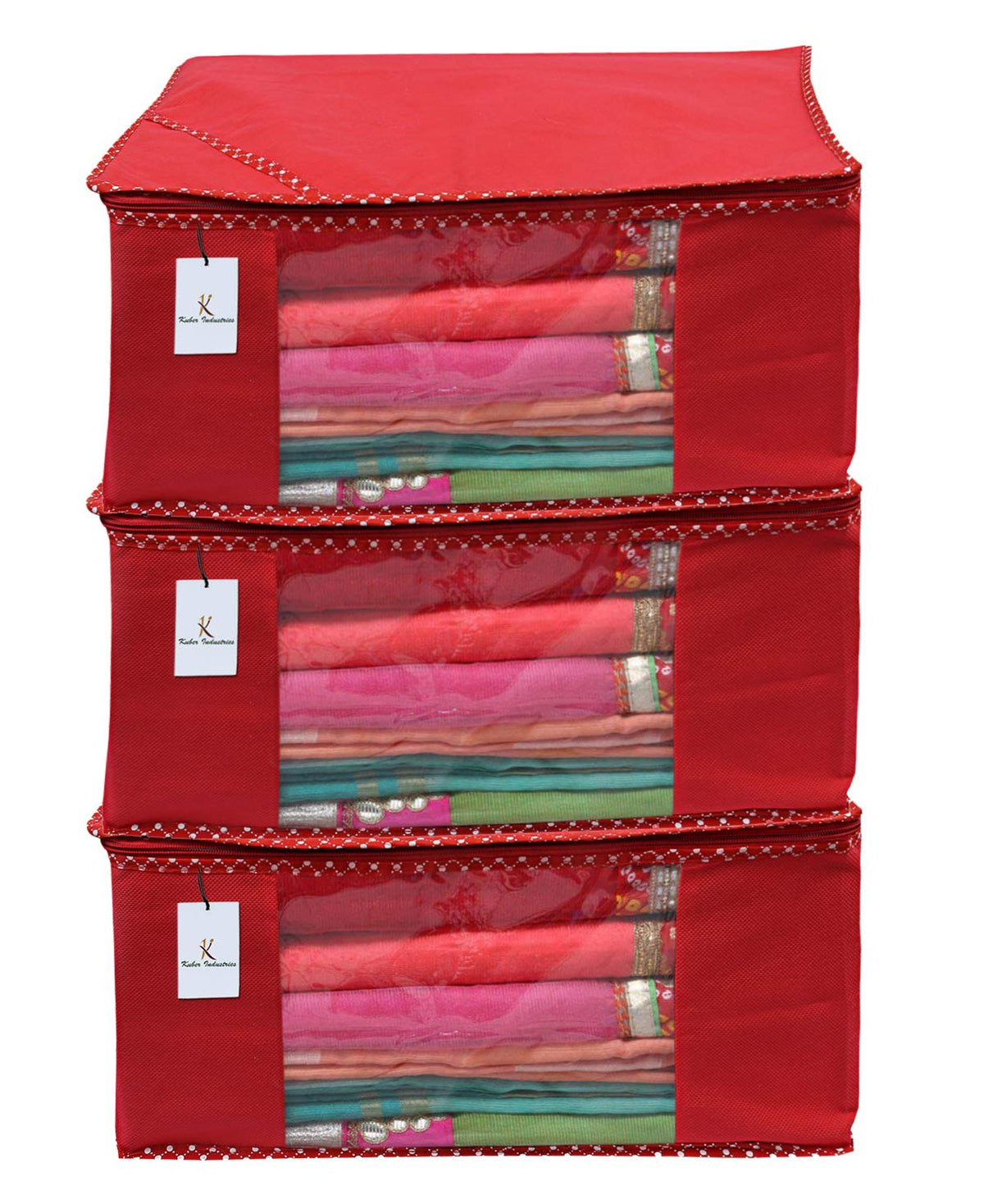 Kuber Industries 3 Piece Non Woven Saree Cover Set, Red,Large Size -CTKTC6440