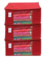 Kuber Industries 3 Piece Non Woven Saree Cover Set, Red,Large Size -CTKTC6440