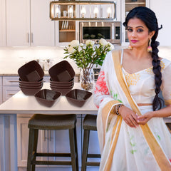 Kuber Industries Bowls|Plastic Serving Square Bowls|Katori for Kitchen|Microwave Safe Bowls for Rice|Soup|Pasta|250 ML|Pack of 6 (Brown)