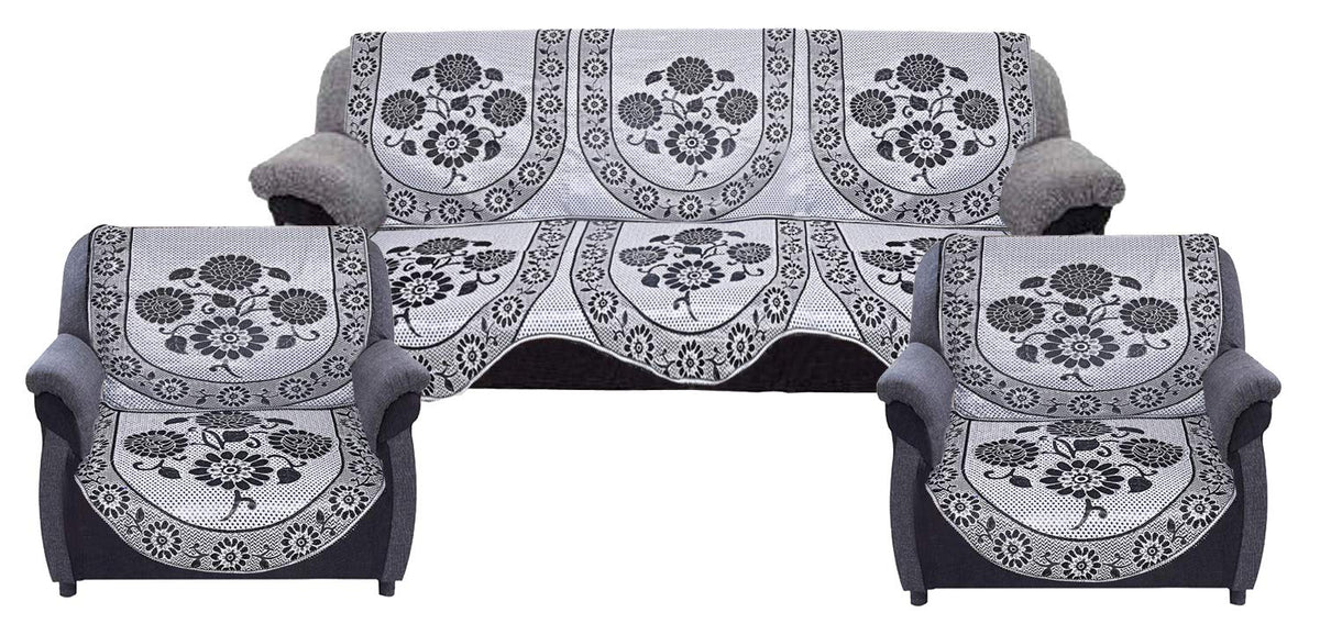 Kuber Industries Floral Design Cotton 6 Pieces 5 Seater Sofa Cover (Grey)-CTKTC014437