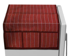 Kuber Industries Lining Print Jute Fridge Top Cover with 6 Utility Side Pockets (Maroon)