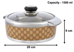 Heart Home Check Printed BPA Free Food Grade Inner Stainless Steel Casserole Keeps Chapati, Food, Curry With Toughened Glass Lid, 1500ml- Pack of 2 (Brown)-HS42KUBMART25024